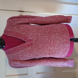 Loft Puff Sleeve V-Neck Marled Magenta/Cream Sweater SP